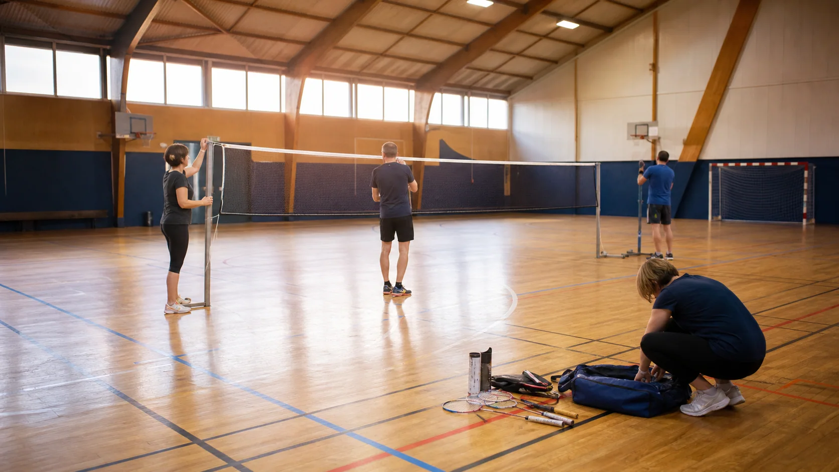 Bénévoles préparant un terrain pour la reprise d'un club de badminton