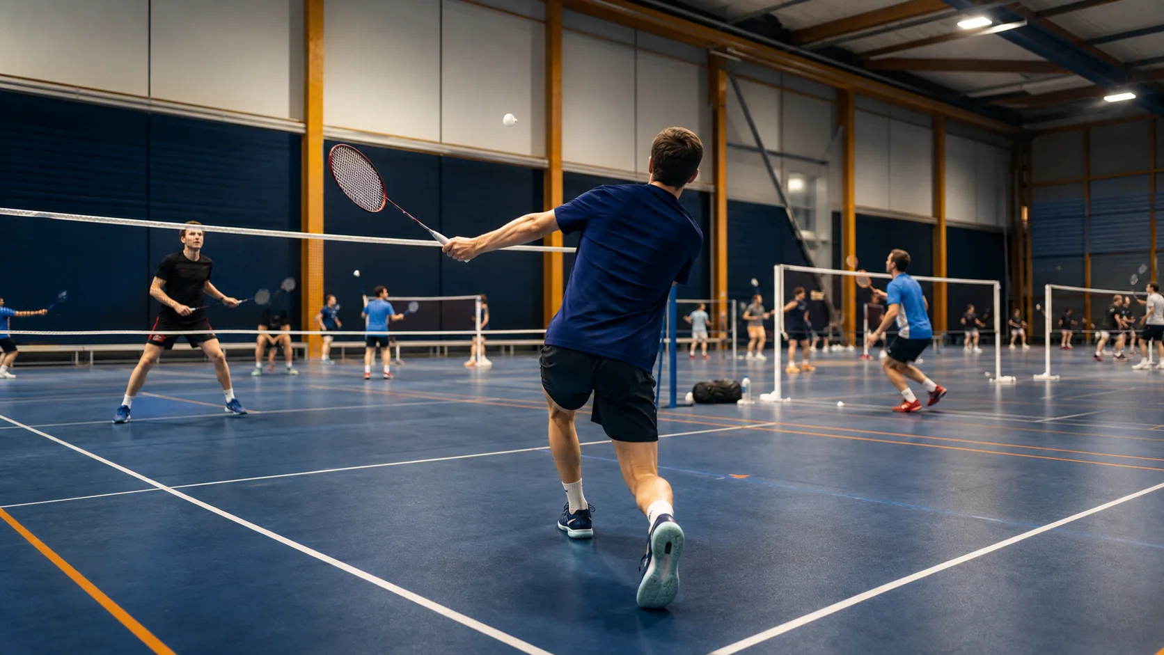 Tournoi amateur de badminton avec plusieurs matchs dans un gymnase