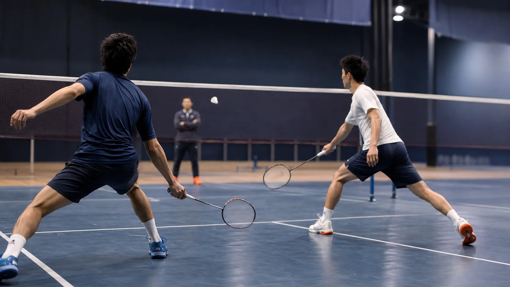 Deux joueurs de badminton pendant un entraînement tactique intensif