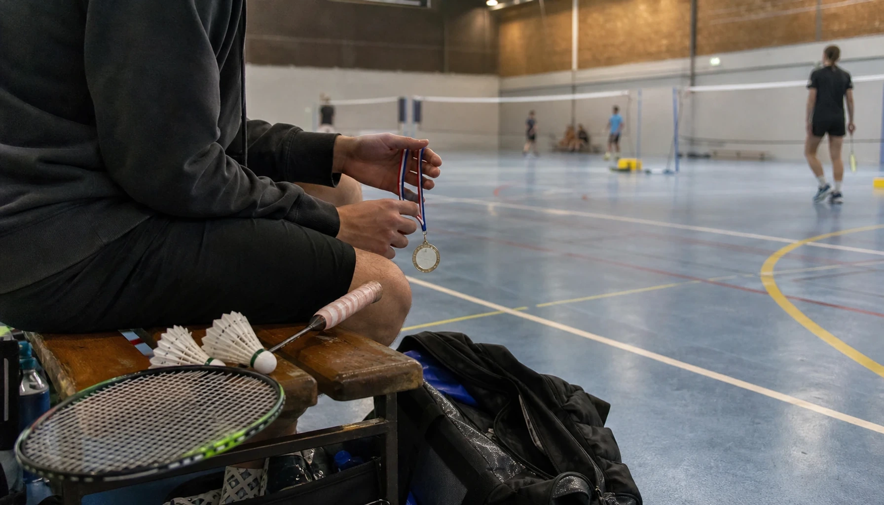 Joueur de badminton présentant une médaille obtenue lors d’une compétition régionale